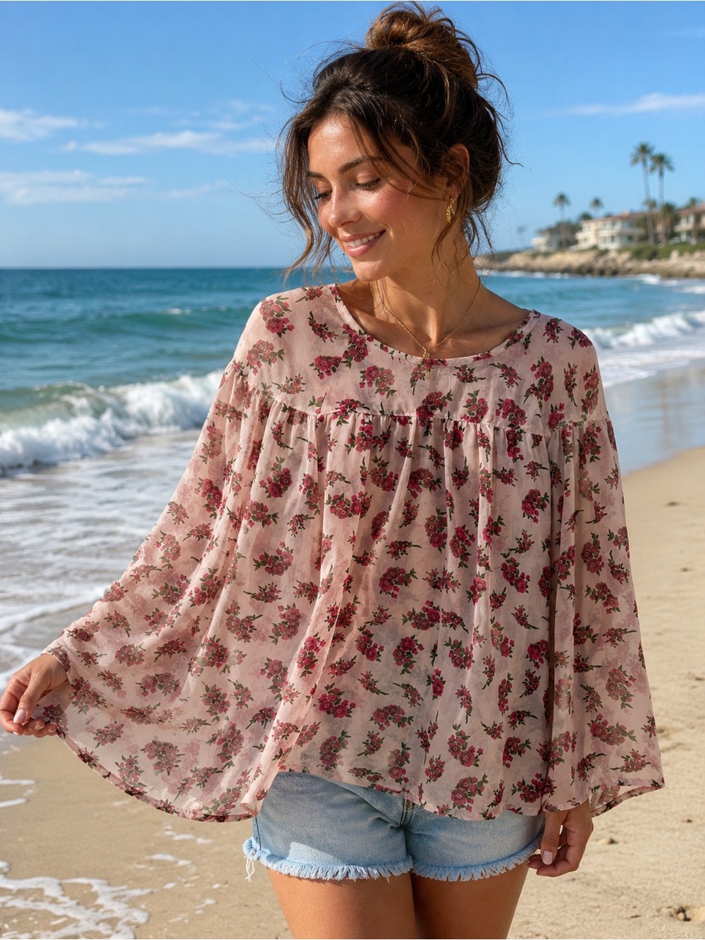 SALE 🌟 JAMES & ERIN | Sheer Floral Peasant Blouse with Wide Sleeves